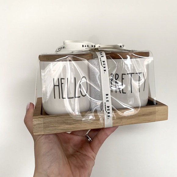 Rae Dunn Kitchen New Rae Dunn Hello Pretty White Ceramic Canister Jars Wooden Lids Matching